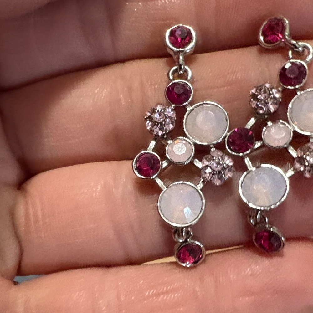 VINTAGE FAUX RUBY AND FAUX OPAL STONES AND CLUSTERED CRYSTAL POST 1.8" EARRINGS - Picture 2 of 7